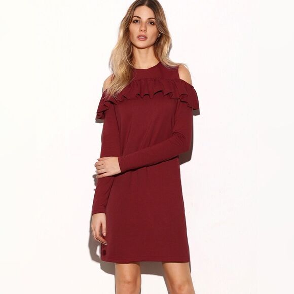 ✨Burgundy Cold Shoulder Ruffle Trim Shift Dress✨ - Picture 2 of 5